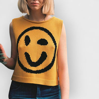 Happy Face Knit Unique Pattern Versatile Loose Tank Top