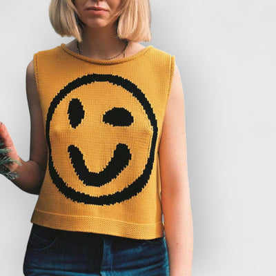 Happy Face Knit Unique Pattern Versatile Loose Tank Top