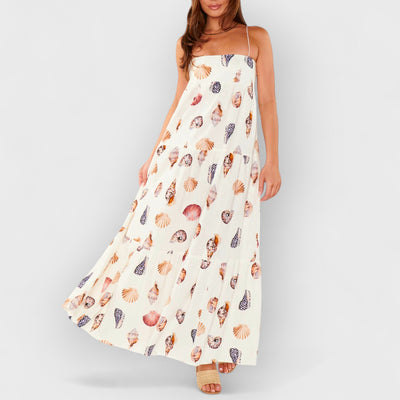 Unique Shell Conch Print Pleated Pockets Lightweight Maxi Dress