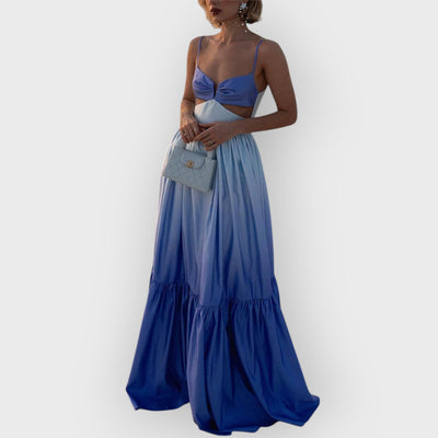 Gradient Color Print Cutout Waist Tiered Maxi Dress