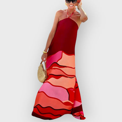 Summer Vacation Style Halter Neck Printed Backless A-Line Maxi Dress