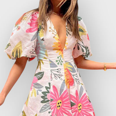 Floral Print Puff Sleeve Pocketed Mini Dress