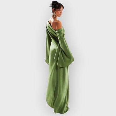 Green Asymmetrical Hem Satin Maxi Dress