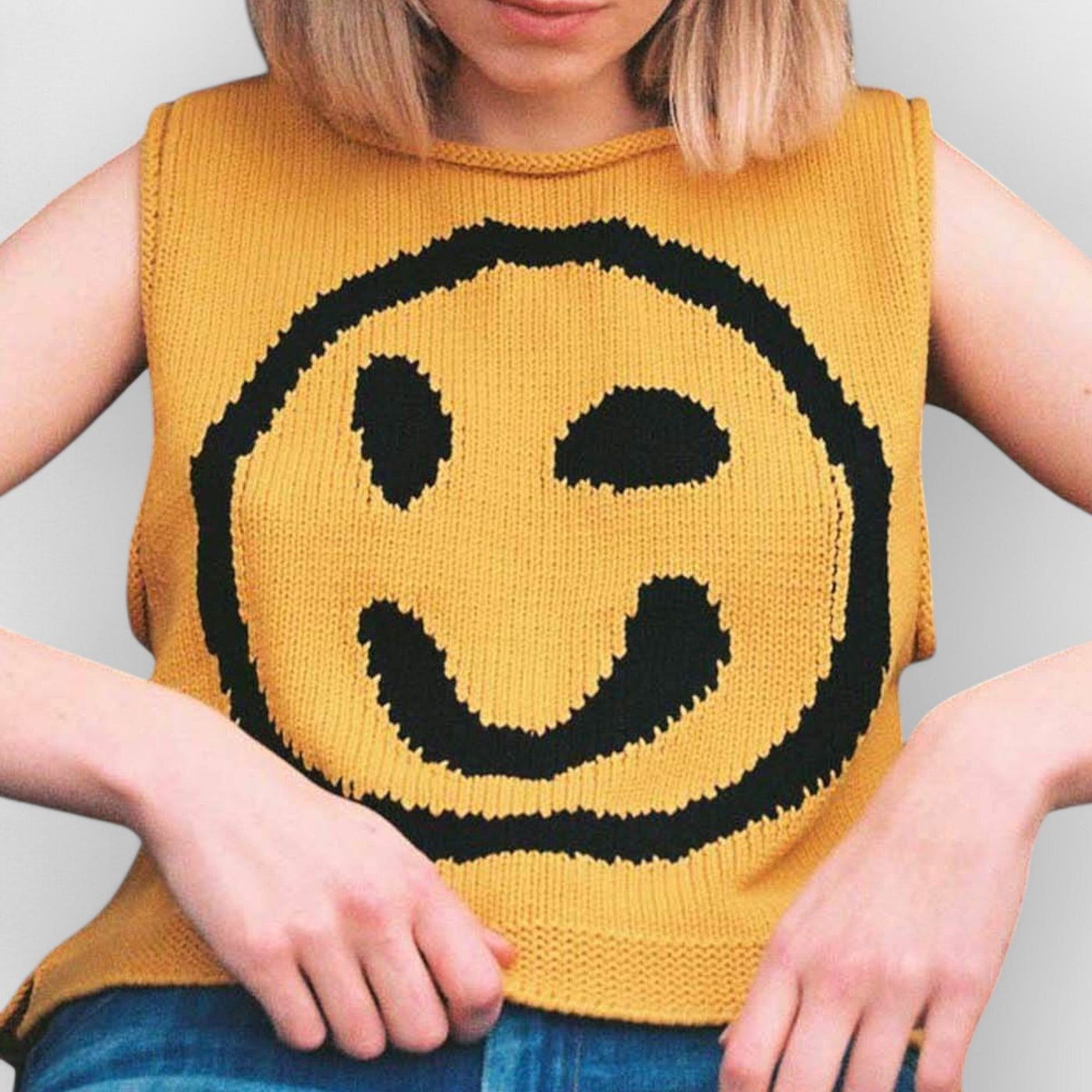 Happy Face Knit Unique Pattern Versatile Loose Tank Top