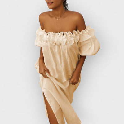Off Shoulder Ruffle Puff Sleeve Pocketed Midi Dress