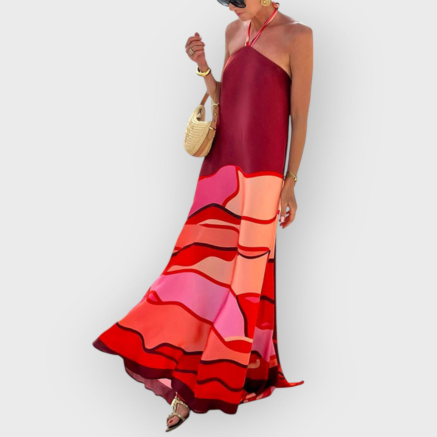 Summer Vacation Style Halter Neck Printed Backless A-Line Maxi Dress