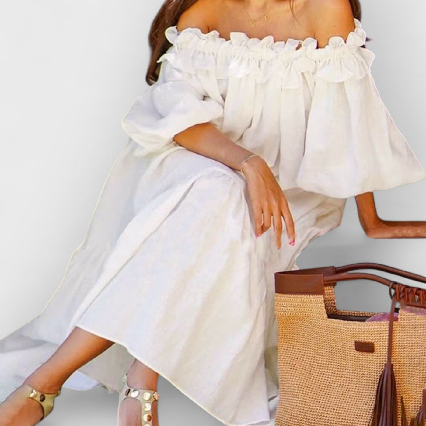 Off Shoulder Ruffle Puff Sleeve Pocketed Midi Dress