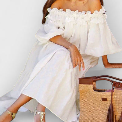 Off Shoulder Ruffle Puff Sleeve Pocketed Midi Dress