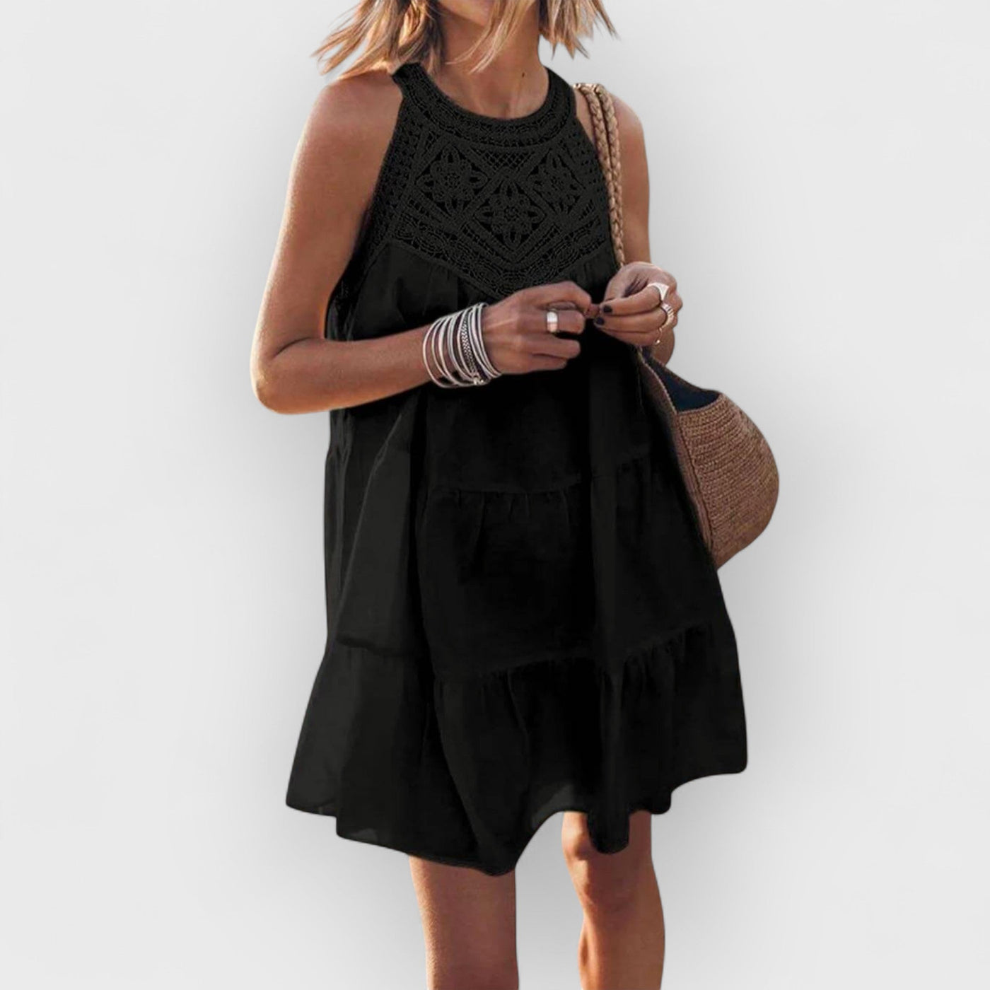 Hollow Lace Patchwork Halterneck A-Line Mini Dress