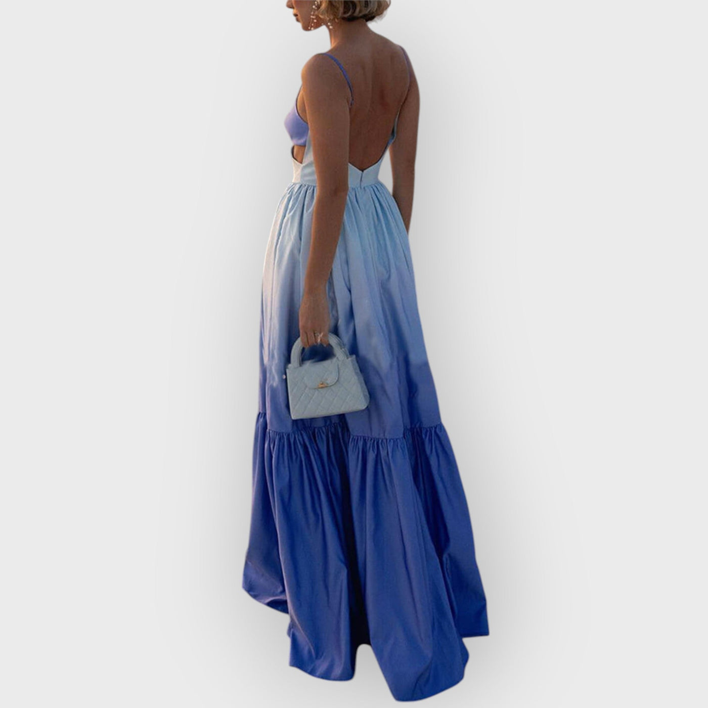 Gradient Color Print Cutout Waist Tiered Maxi Dress