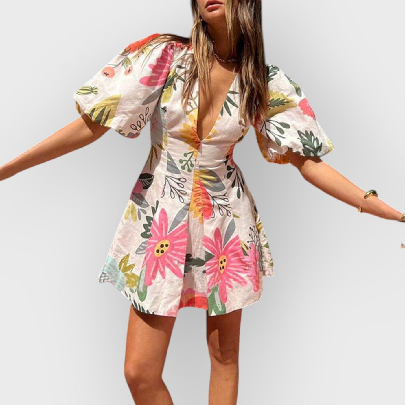 Floral Print Puff Sleeve Pocketed Mini Dress