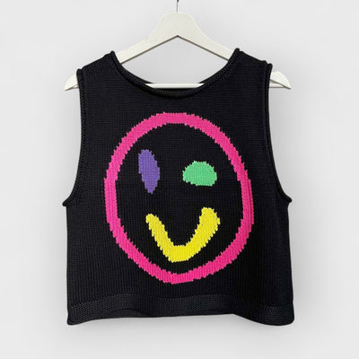 Happy Face Knit Unique Pattern Versatile Loose Tank Top