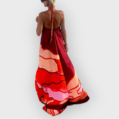 Summer Vacation Style Halter Neck Printed Backless A-Line Maxi Dress