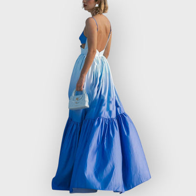 Gradient Color Print Cutout Waist Tiered Maxi Dress