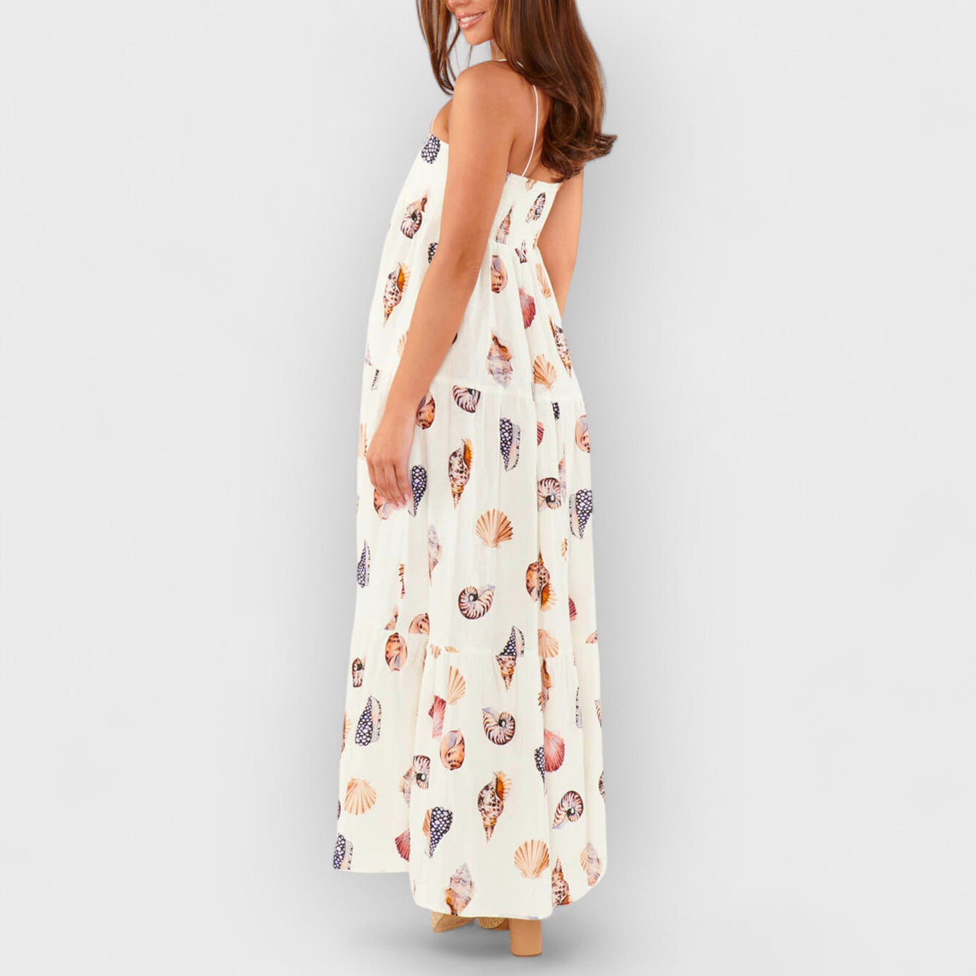 Unique Shell Conch Print Pleated Pockets Lightweight Maxi Dress