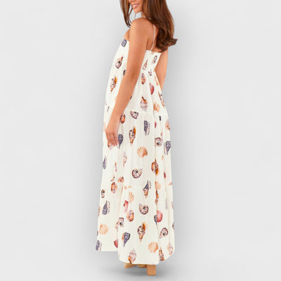 Unique Shell Conch Print Pleated Pockets Lightweight Maxi Dress