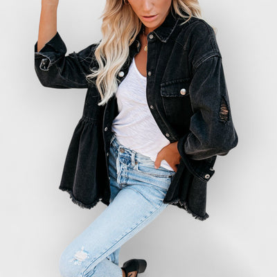 Distressed Denim Button Down Shirt Jacket