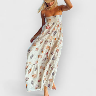 Unique Shell Conch Print Pleated Pockets Lightweight Maxi Dress