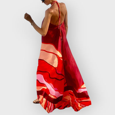 Summer Vacation Style Halter Neck Printed Backless A-Line Maxi Dress