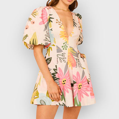 Floral Print Puff Sleeve Pocketed Mini Dress