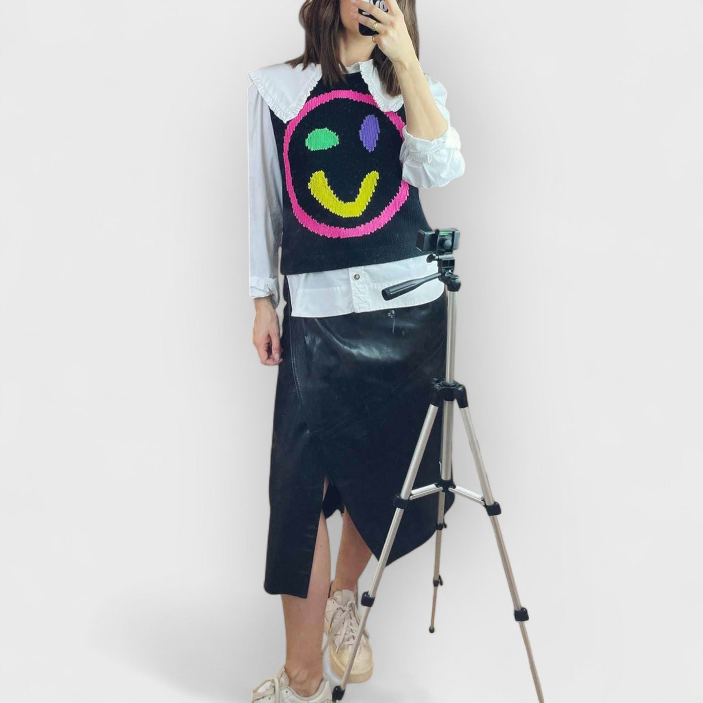 Happy Face Knit Unique Pattern Versatile Loose Tank Top