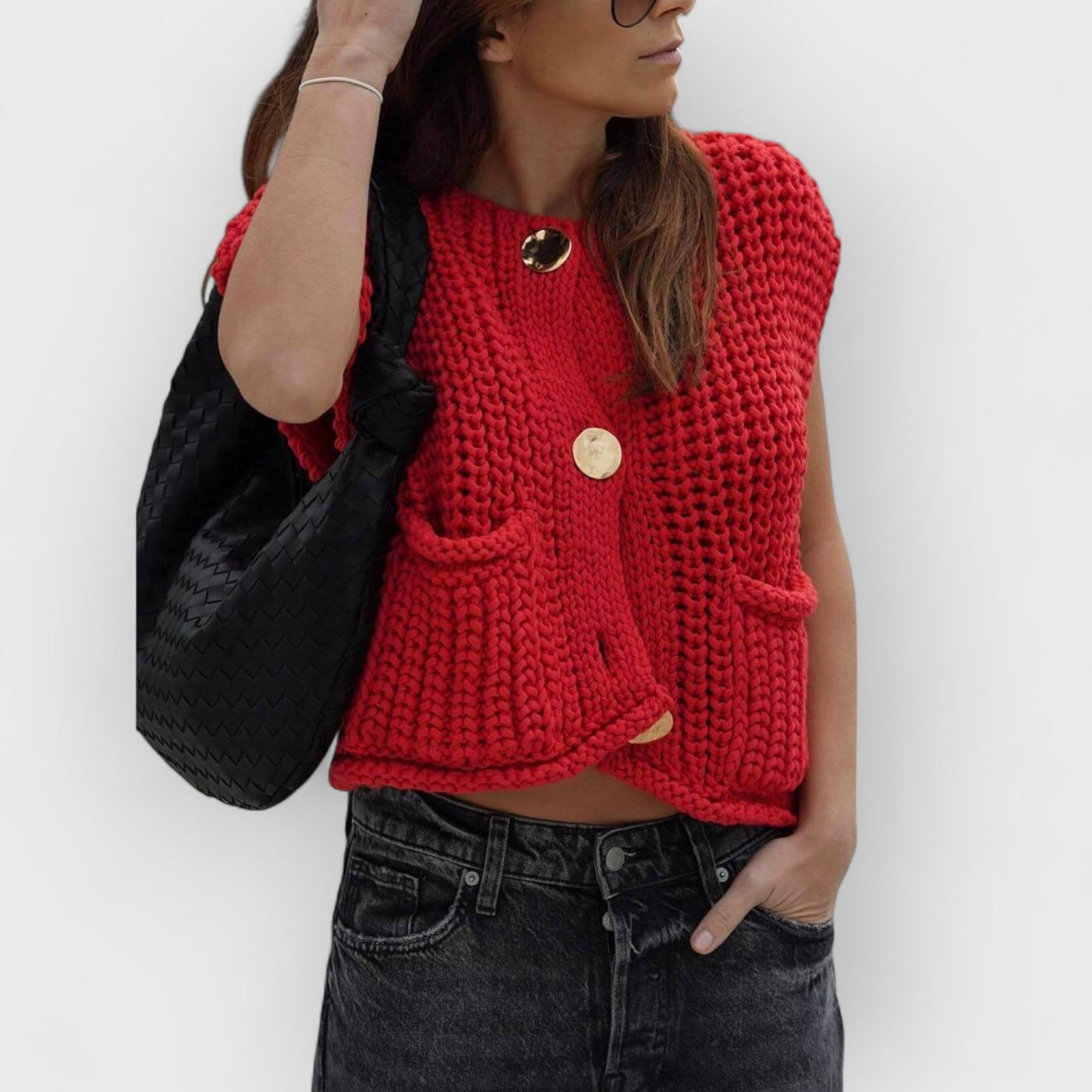 Elegant Pocket Sleeveless Cropped Knit Cardigan