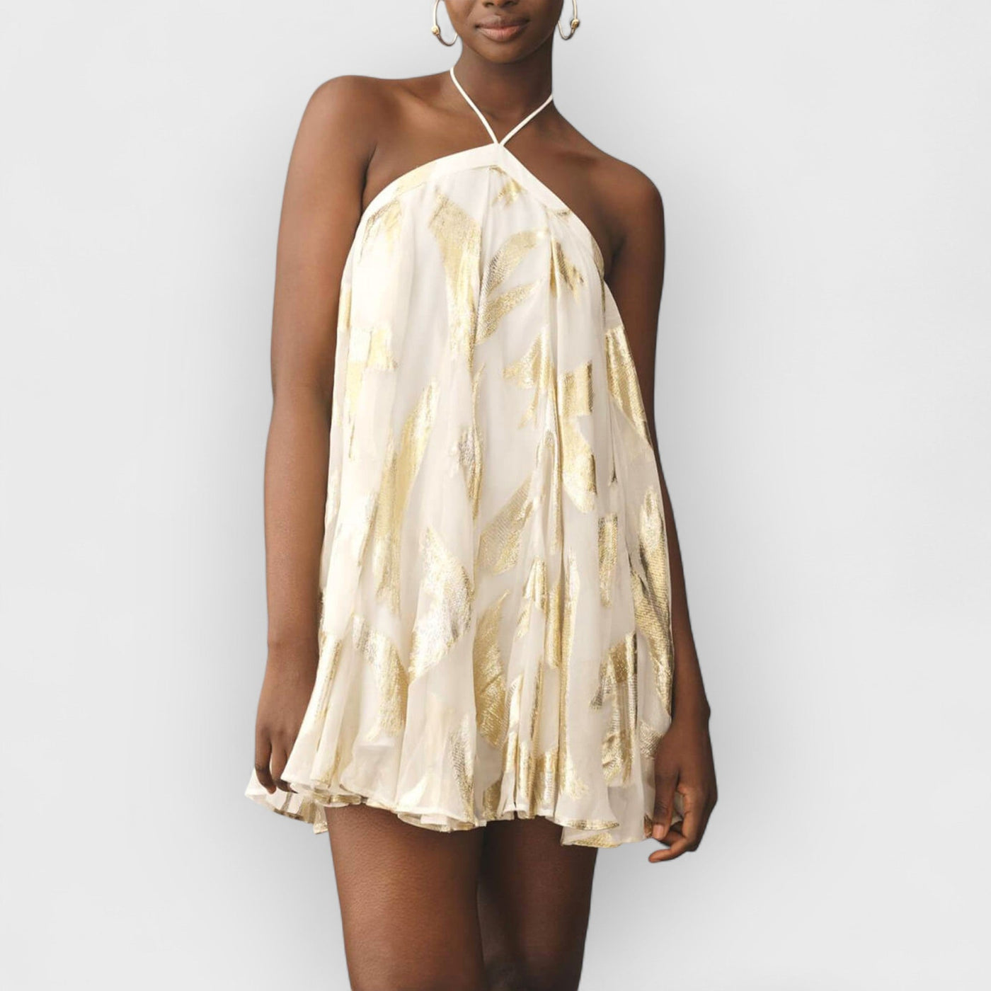 Sequins Hanging Neck Halter Print Swing Mini Dress