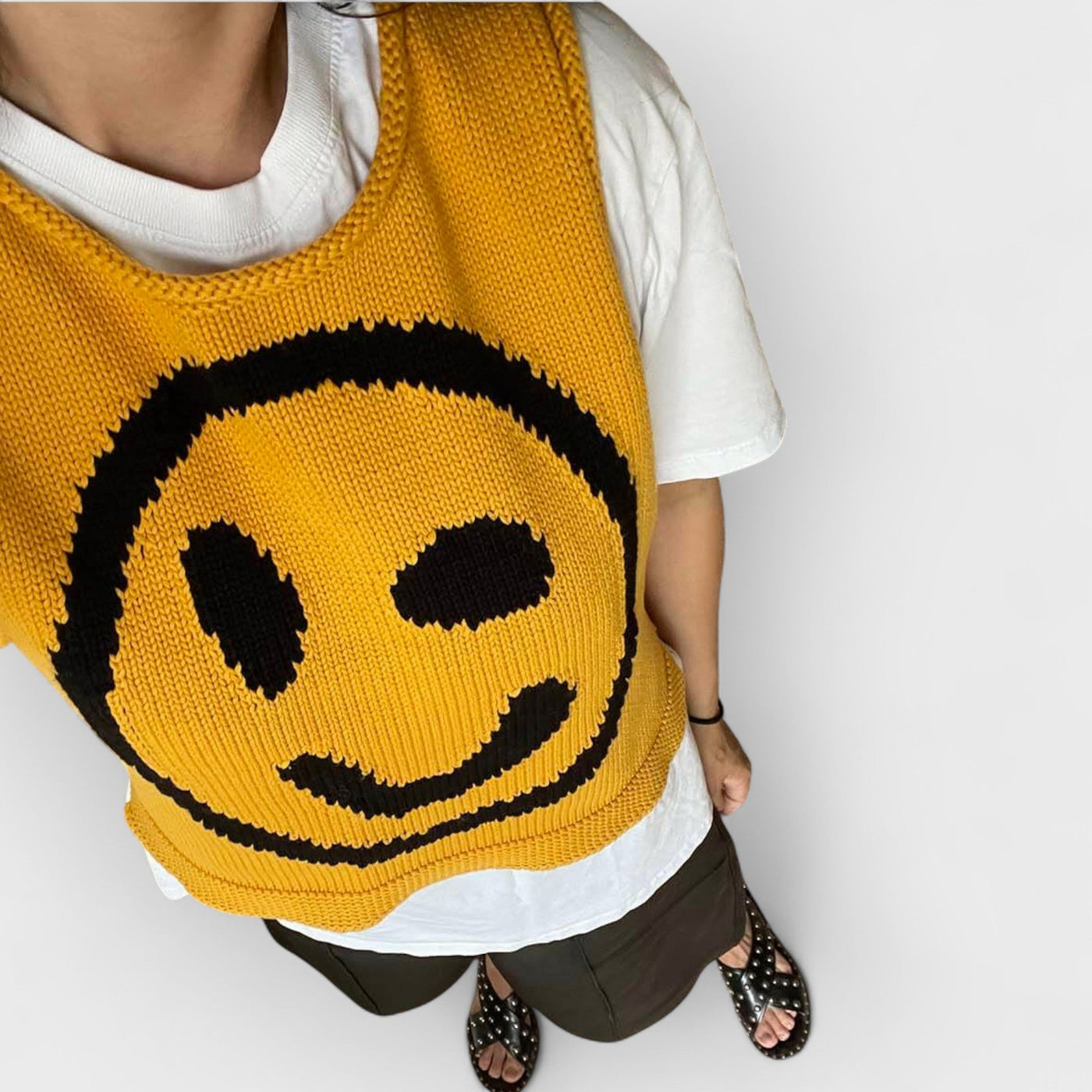 Happy Face Knit Unique Pattern Versatile Loose Tank Top