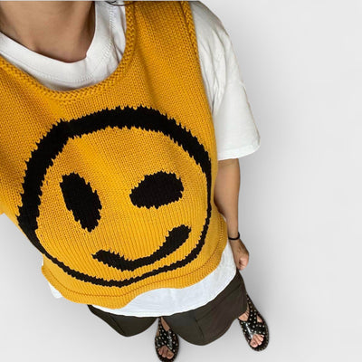 Happy Face Knit Unique Pattern Versatile Loose Tank Top