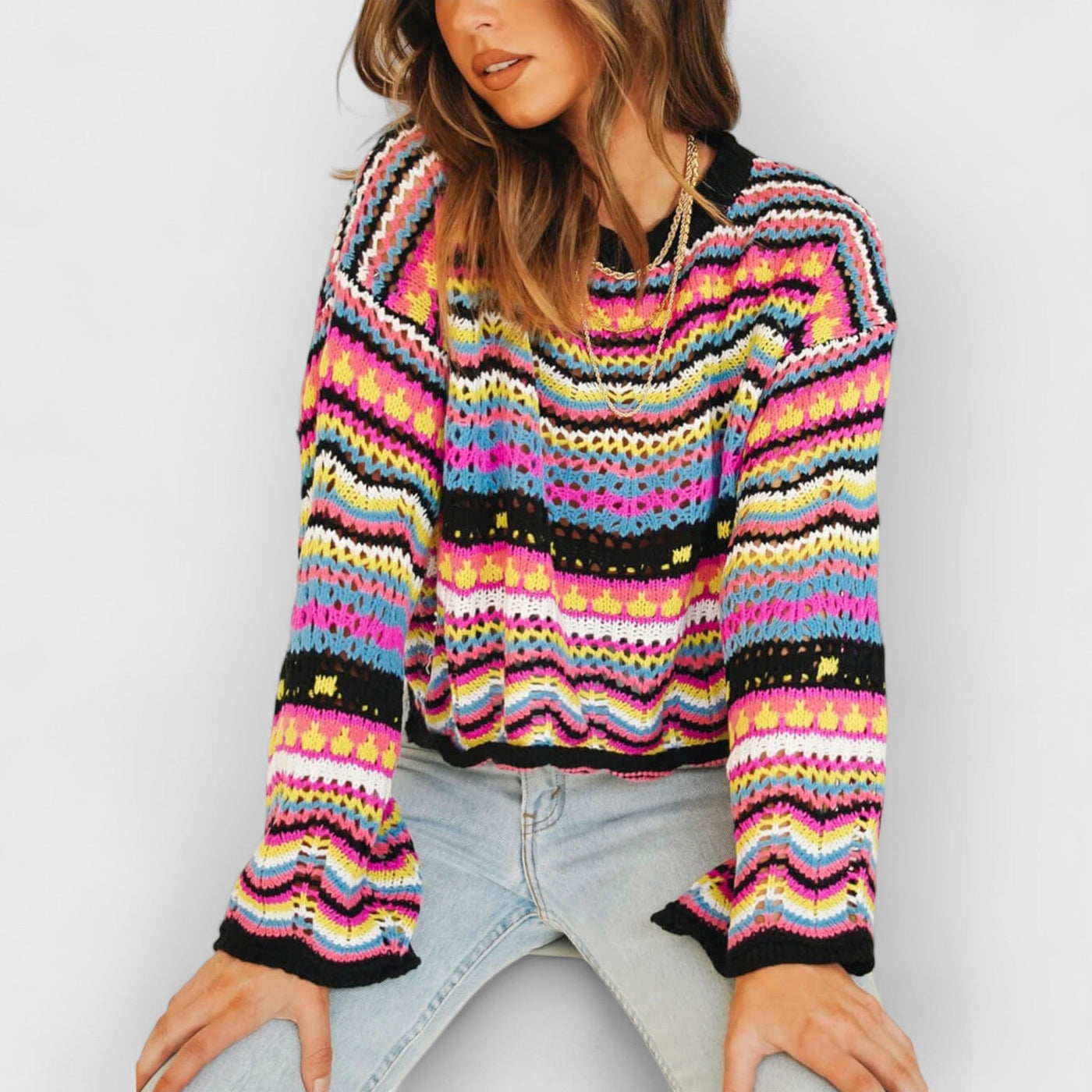 Mid-Color Crew Neck Striped Sweater