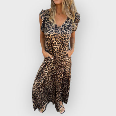 Leopard Print V-Neck Jumpsuit With Front Pockets