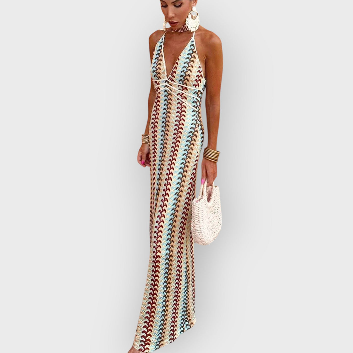 Halter V Neck Backless Boho Pattern Knit Slim-Fit Vacation Maxi Dresses-Beige