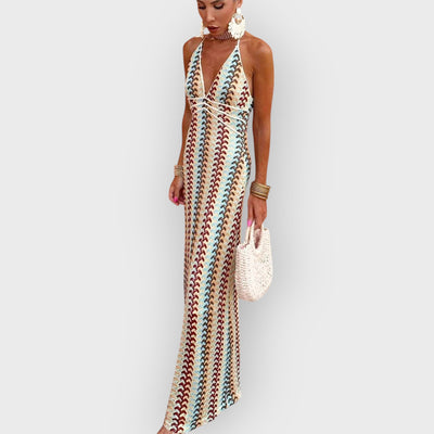 Halter V Neck Backless Boho Pattern Knit Slim-Fit Vacation Maxi Dresses-Beige