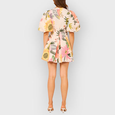 Floral Print Puff Sleeve Pocketed Mini Dress