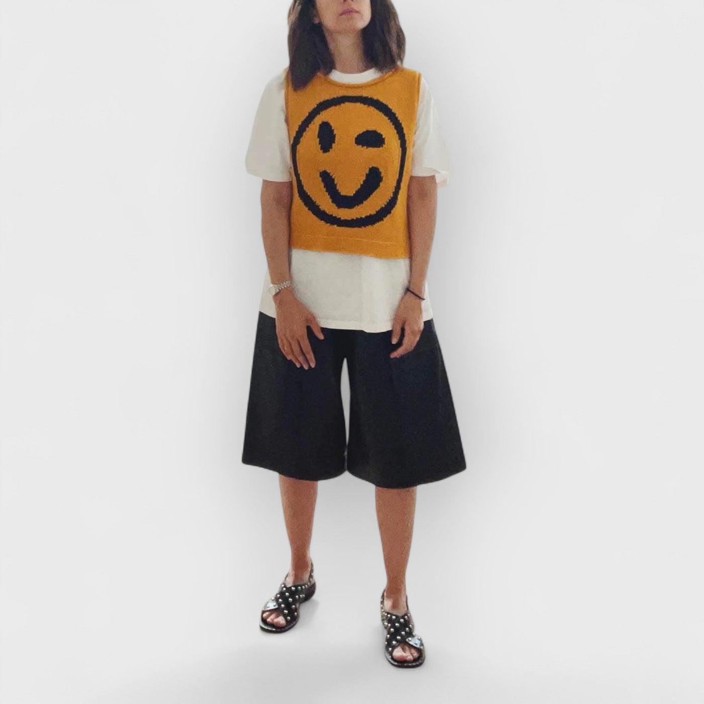Happy Face Knit Unique Pattern Versatile Loose Tank Top