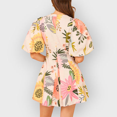 Floral Print Puff Sleeve Pocketed Mini Dress