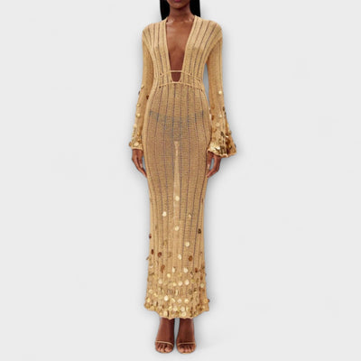 Kathleen - Gold Knitted Maxi Dress by Dolly