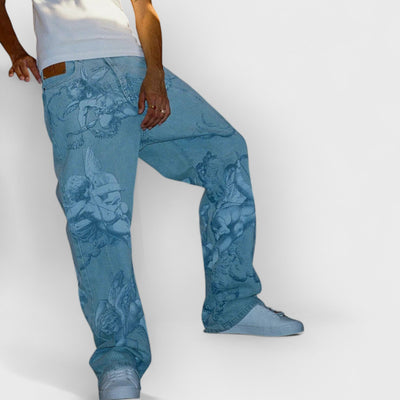 Cupid Print Washed Blue Jeans