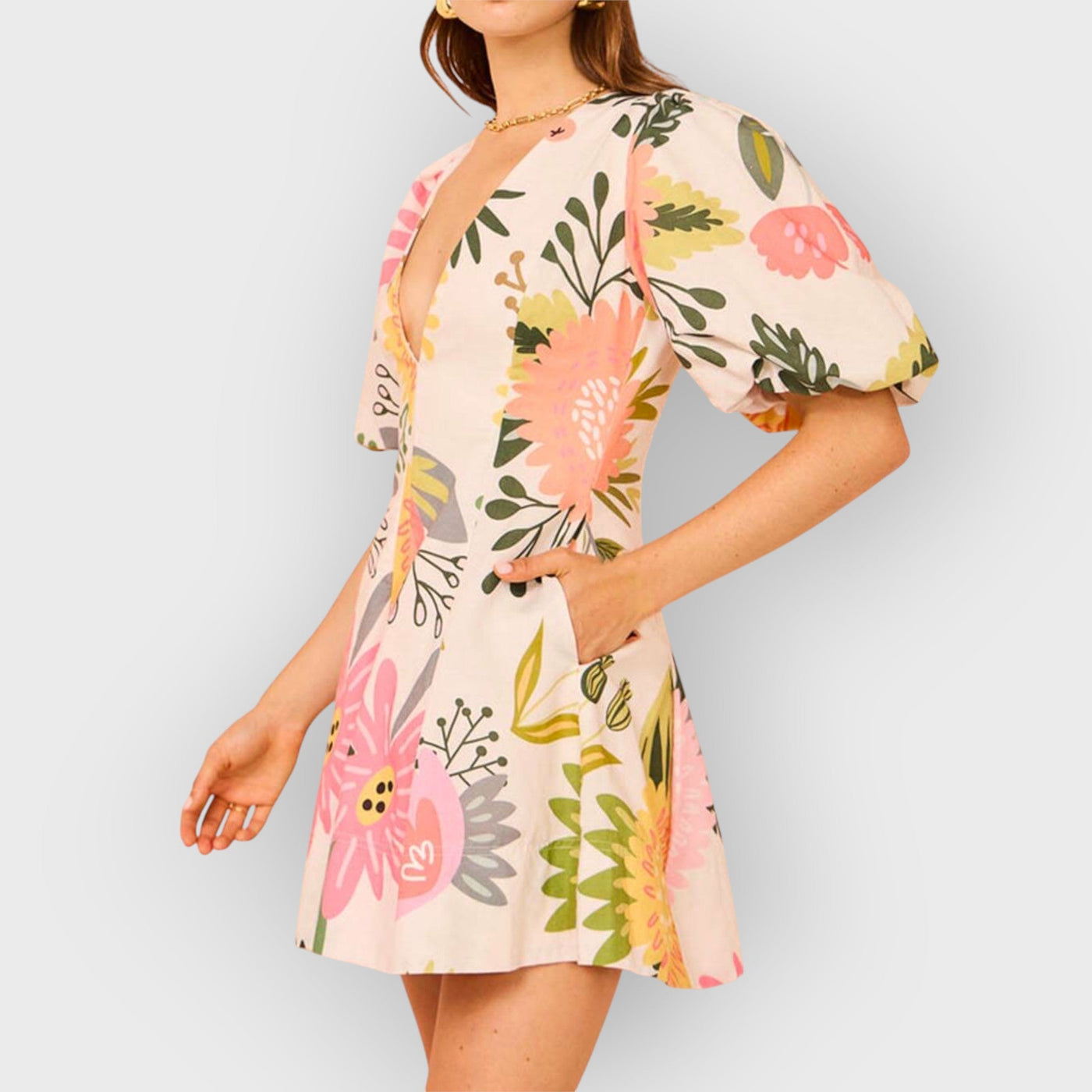 Floral Print Puff Sleeve Pocketed Mini Dress