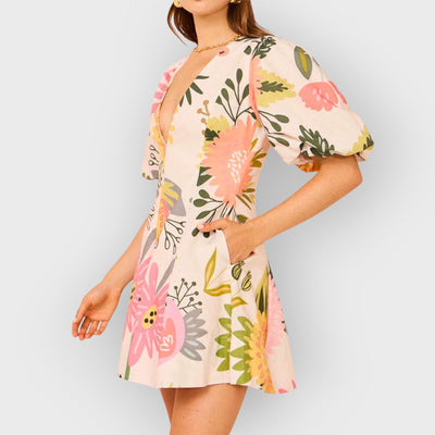 Floral Print Puff Sleeve Pocketed Mini Dress