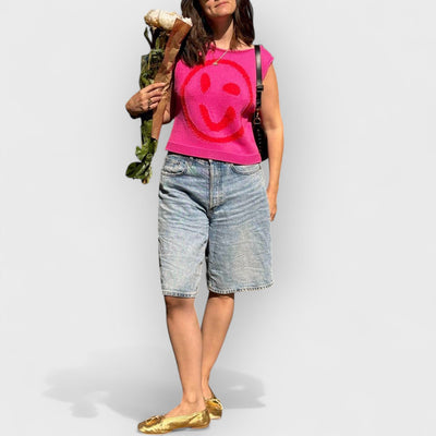 Happy Face Knit Unique Pattern Versatile Loose Tank Top
