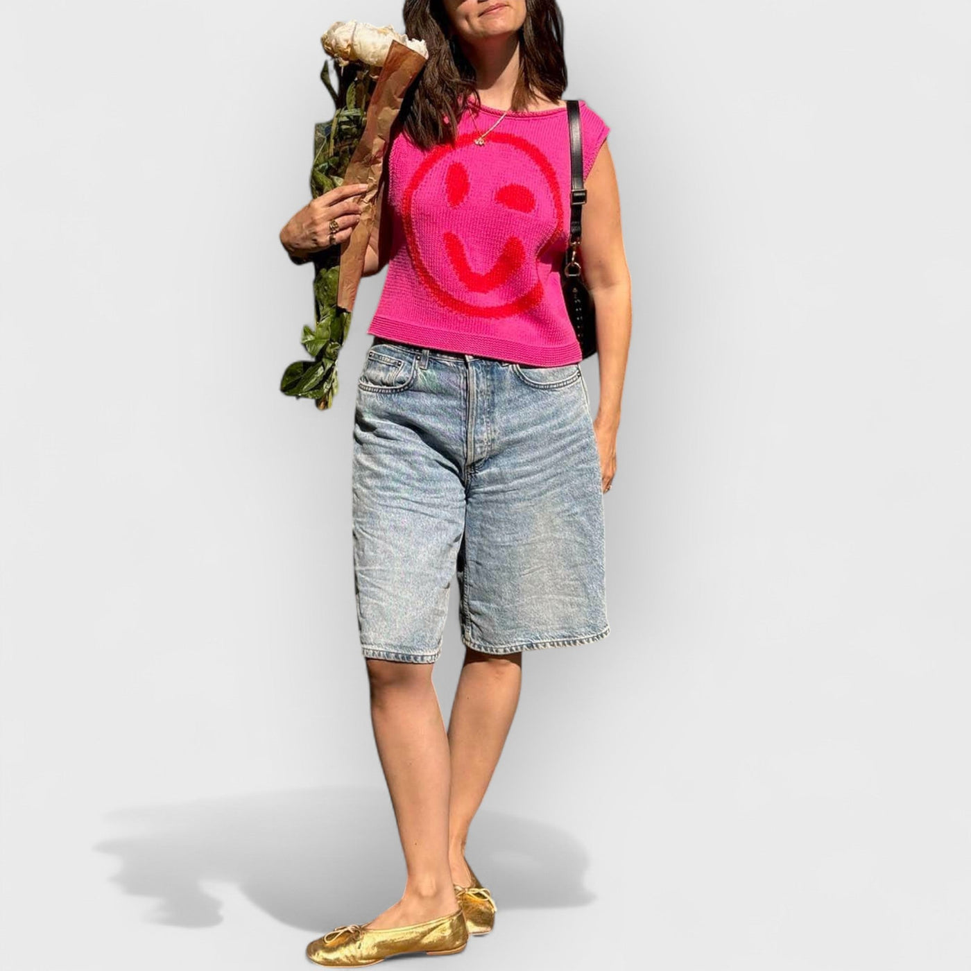 Happy Face Knit Unique Pattern Versatile Loose Tank Top