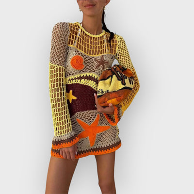 Coral Reef-Inspired Pattern Crochet Mini Dress