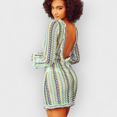 Ruffle Backless Crochet Mini Dress - Yellow & Blue