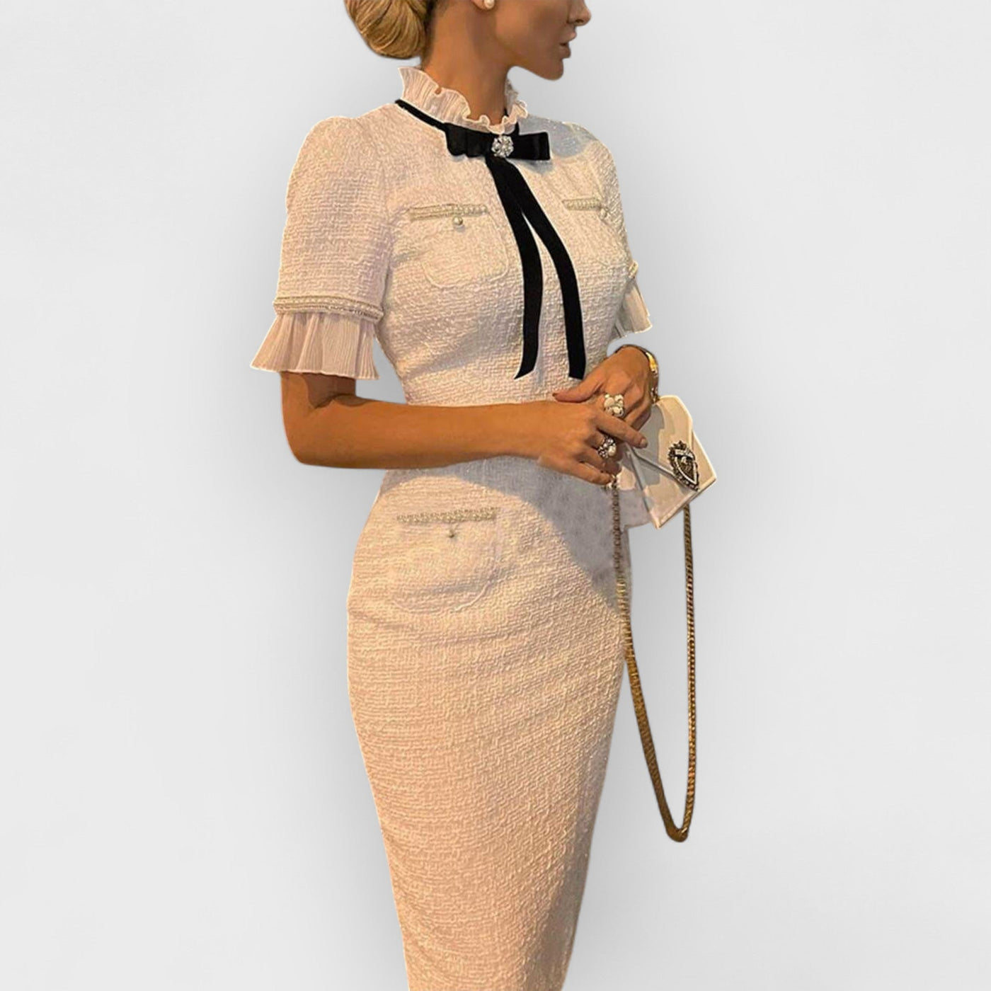 Tweed Pearl Trim Bow Design Formal Midi Dress