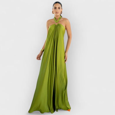 Satin  Elegant Maxi long Dress: Backless Halter Neck