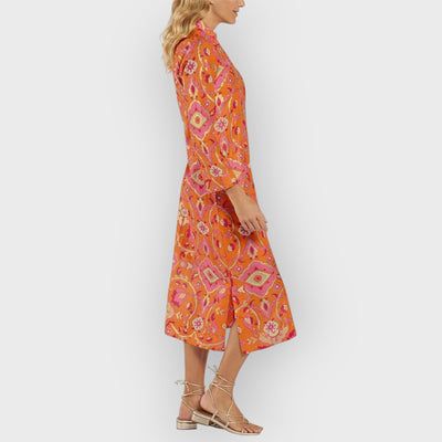 Stand Collar Printed Midi Dress