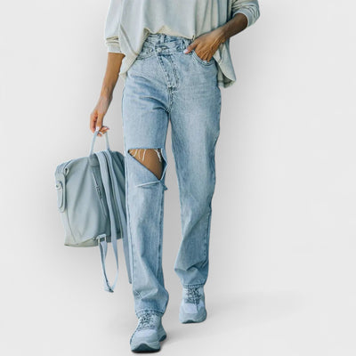 Trendy Asymmetric Distressed Denim Jeans