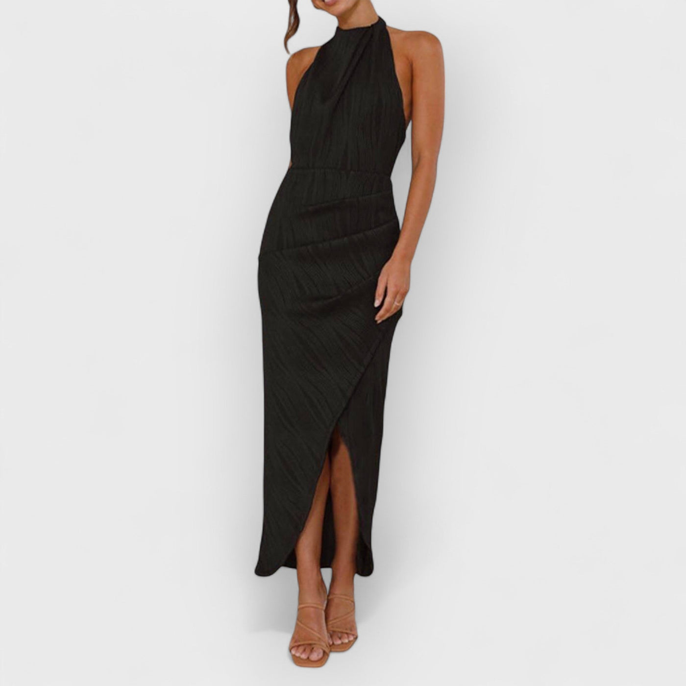 Unique Split Pleated Neckline Slim Maxi Dress