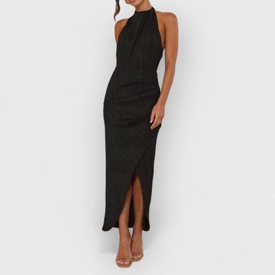 Unique Split Pleated Neckline Slim Maxi Dress